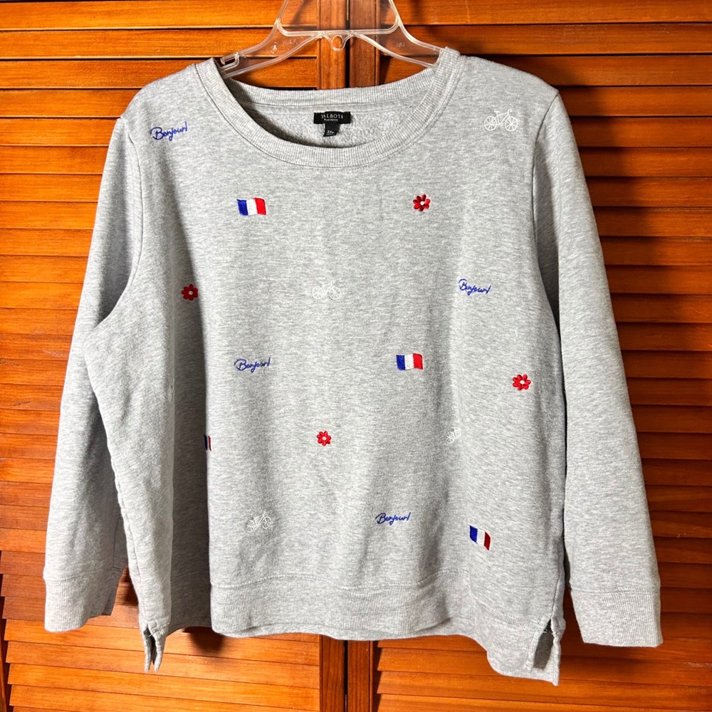 Talbots Plus‎ Petite 2XP Gray Bonjour French Flag Embroidered Sweatshirt VN5092